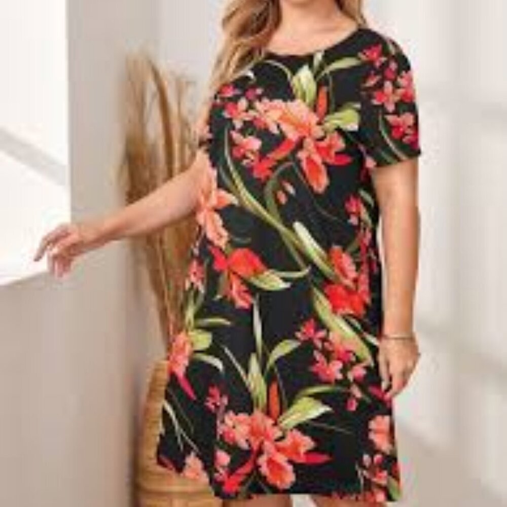 SHEIN Curve Size 4XL Black with Tropical Floral Pattern Shift / Tunic Dress